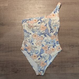 Floral One-Shoulder Kids One-Piece Swimsuit - Blue & Peach Floral